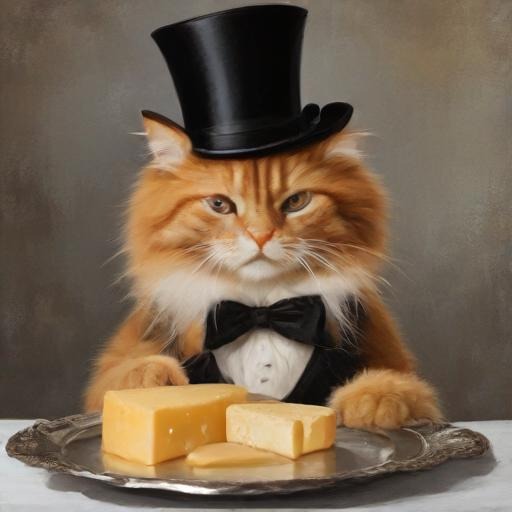 an orange fluffy cat, eating a piece of cheese on a silver platter with a top hat