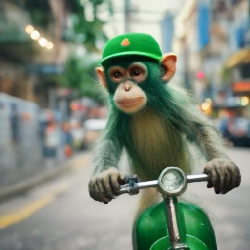 a monkey riding a scooter with green hair and a hat
