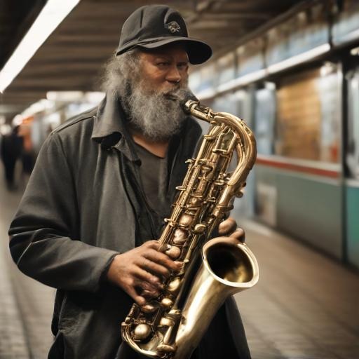 musician playing a saxophone in the subway homeless
