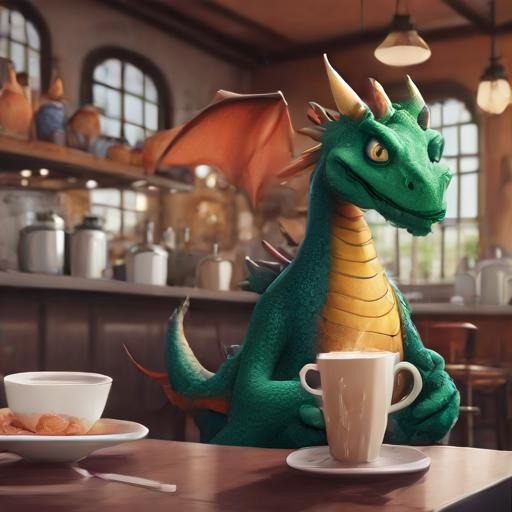A dragon brewing coffee in a café.