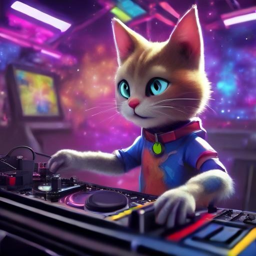 A cat DJing at a space disco