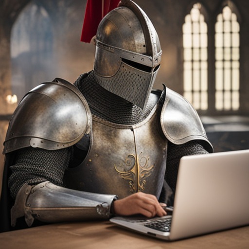 A medieval knight coding on a laptop