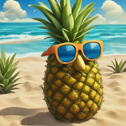 A pineapple wearing sunglasses on a sandy beach