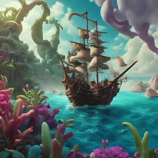 A pirate ship navigating through a sea monster's territory