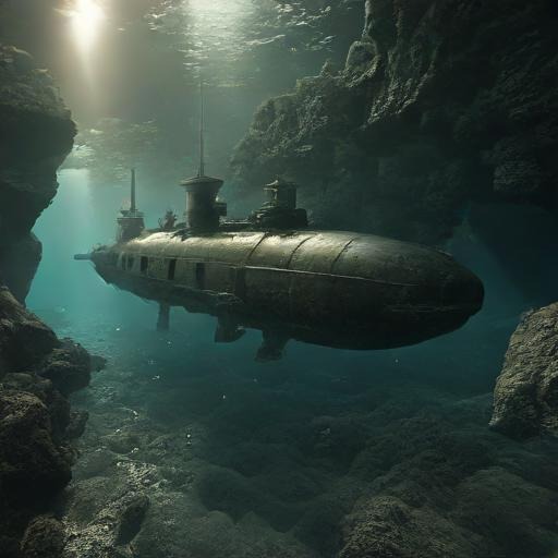 A submarine underwater exploring a sunken city